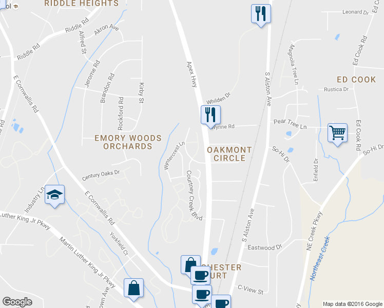 map of restaurants, bars, coffee shops, grocery stores, and more near 1625 Snow Mass Way in Durham