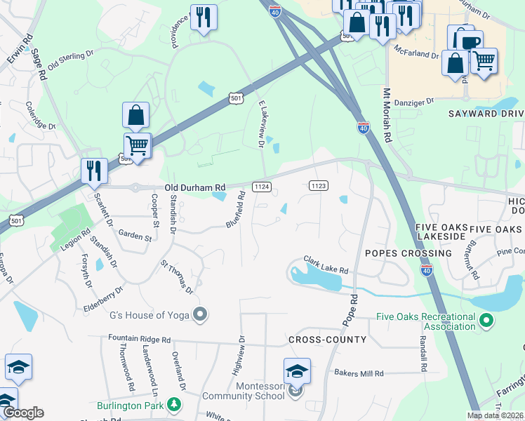 map of restaurants, bars, coffee shops, grocery stores, and more near 800 East Lakeview Drive in Durham