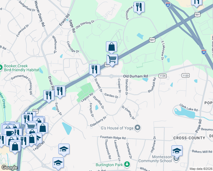map of restaurants, bars, coffee shops, grocery stores, and more near in Chapel Hill