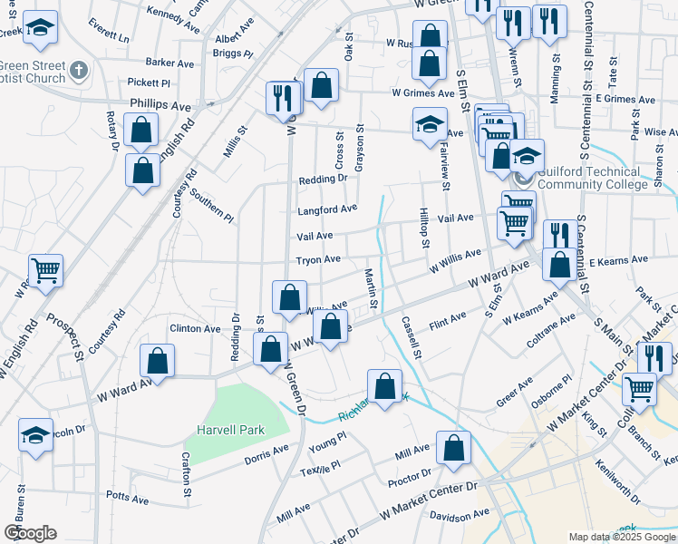 map of restaurants, bars, coffee shops, grocery stores, and more near 714 Cliffside Avenue in High Point