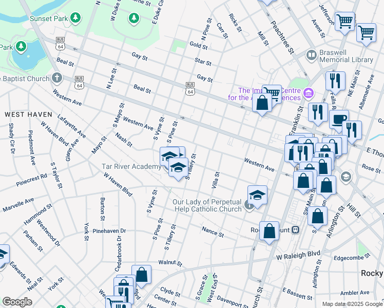 map of restaurants, bars, coffee shops, grocery stores, and more near 216 South Tillery Street in Rocky Mount
