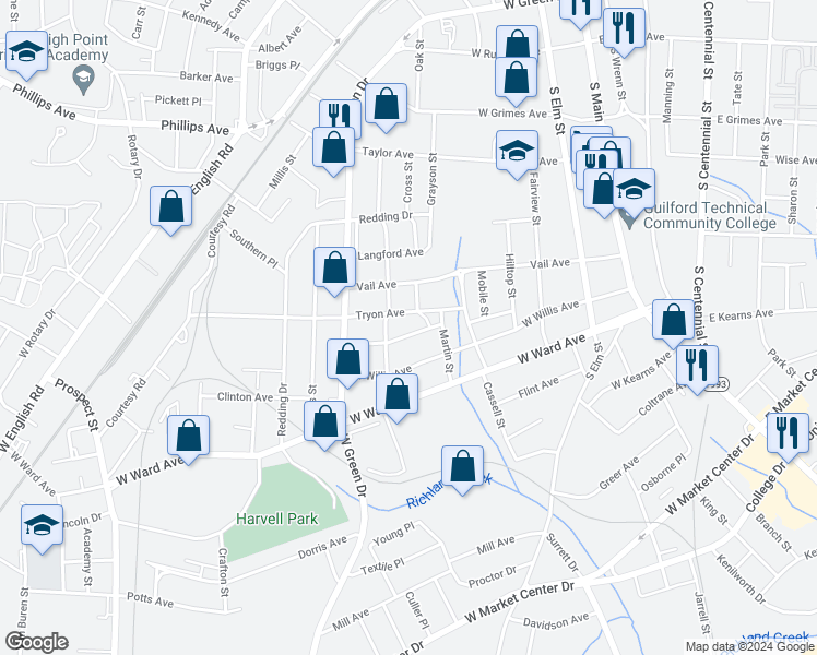 map of restaurants, bars, coffee shops, grocery stores, and more near 714 Cliffside Avenue in High Point
