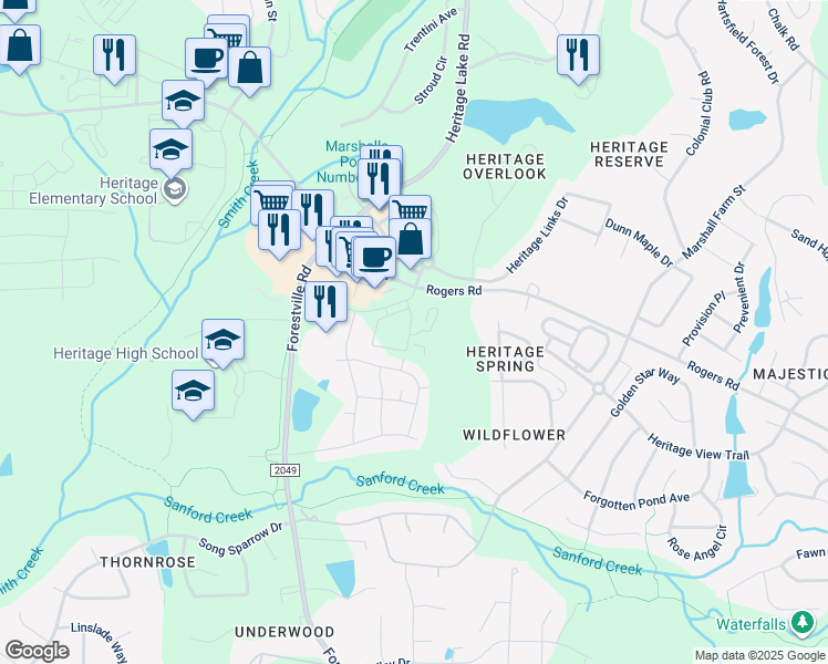 map of restaurants, bars, coffee shops, grocery stores, and more near 3716 Rogers Branch Road in Wake Forest