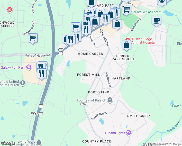 map of restaurants, bars, coffee shops, grocery stores, and more near 9904 Sovereign Way in Wake Forest