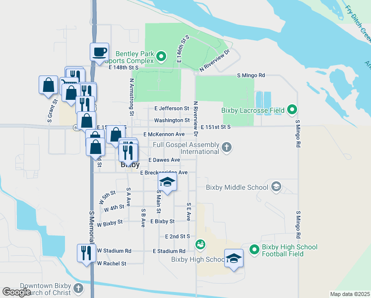 map of restaurants, bars, coffee shops, grocery stores, and more near 312 East Needles Avenue in Bixby