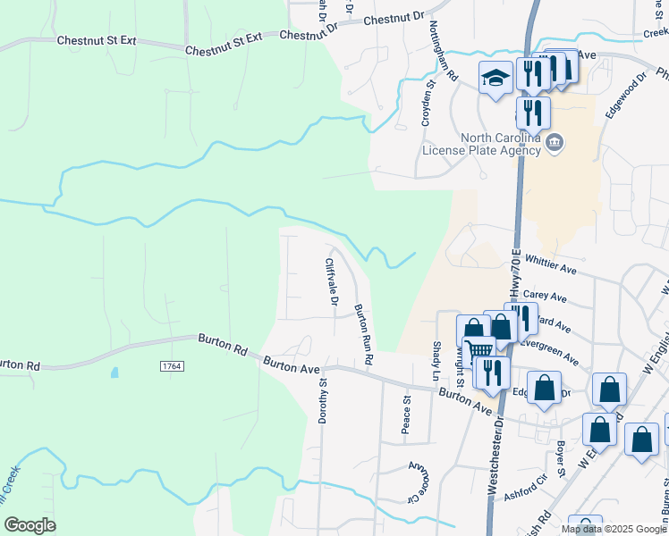 map of restaurants, bars, coffee shops, grocery stores, and more near 2158 Cliffvale Drive in High Point