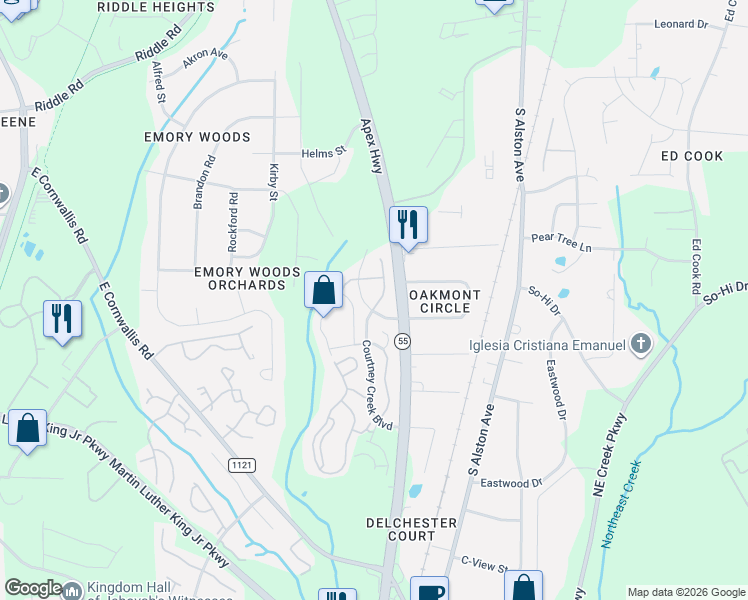 map of restaurants, bars, coffee shops, grocery stores, and more near 3010 Courtney Creek Boulevard in Durham