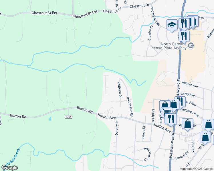 map of restaurants, bars, coffee shops, grocery stores, and more near 1240 Burkston Court in High Point