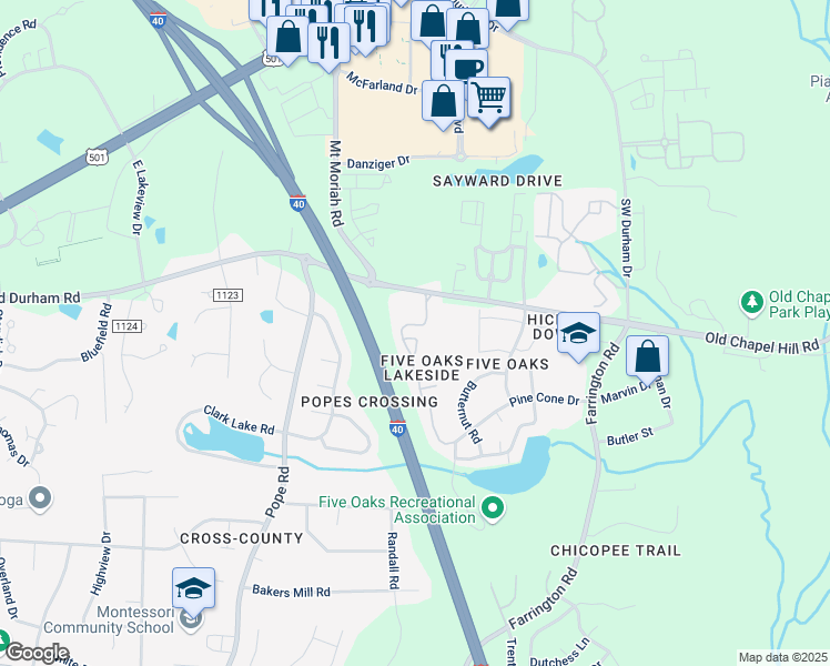 map of restaurants, bars, coffee shops, grocery stores, and more near 4125 Pin Oak Drive in Durham