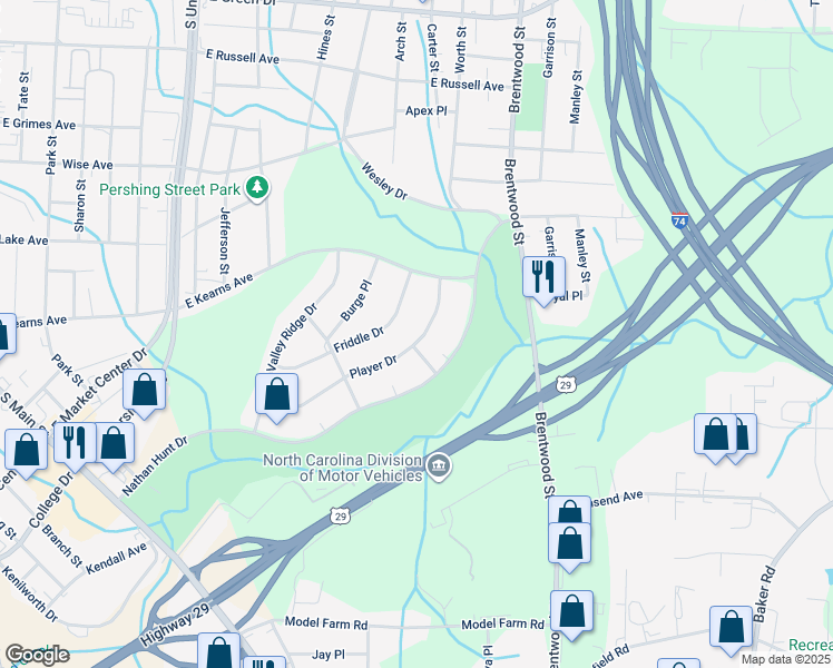 map of restaurants, bars, coffee shops, grocery stores, and more near 503 Player Drive in High Point