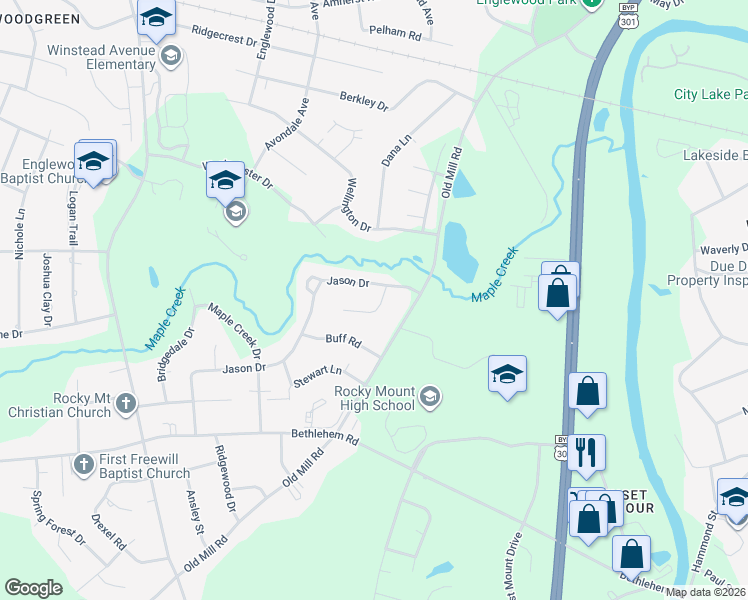 map of restaurants, bars, coffee shops, grocery stores, and more near 904 Jason Court in Rocky Mount