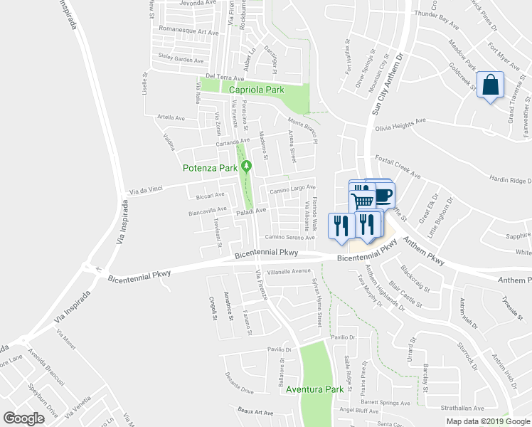 map of restaurants, bars, coffee shops, grocery stores, and more near 3077 Paladi Avenue in Henderson