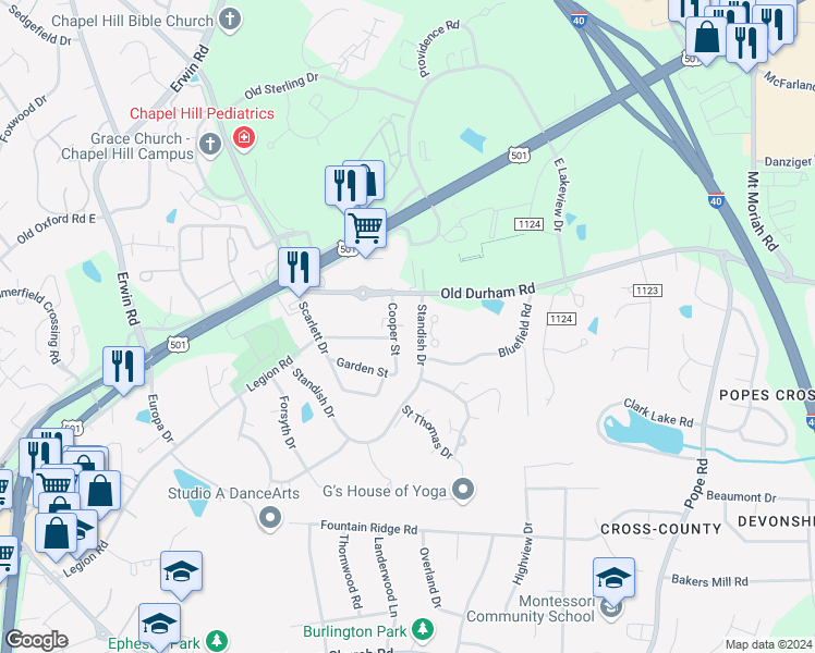 map of restaurants, bars, coffee shops, grocery stores, and more near 105 Cooper Glen Place in Chapel Hill