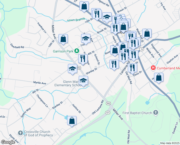 map of restaurants, bars, coffee shops, grocery stores, and more near 519 Stanley Street in Crossville