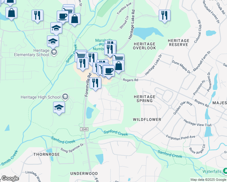 map of restaurants, bars, coffee shops, grocery stores, and more near 6513 Penfield Street in Wake Forest