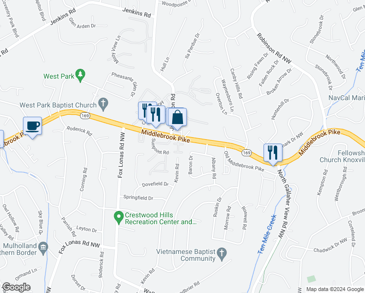 map of restaurants, bars, coffee shops, grocery stores, and more near 1226 Crest Brook Drive in Knoxville