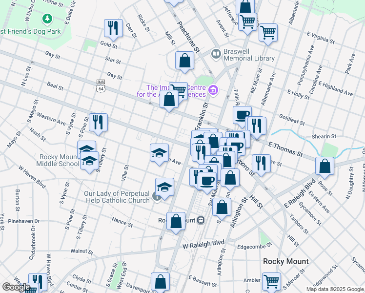 map of restaurants, bars, coffee shops, grocery stores, and more near 116 South Franklin Street in Rocky Mount