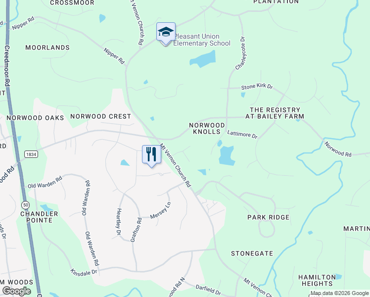 map of restaurants, bars, coffee shops, grocery stores, and more near 1328 Mount Vernon Church Road in Raleigh