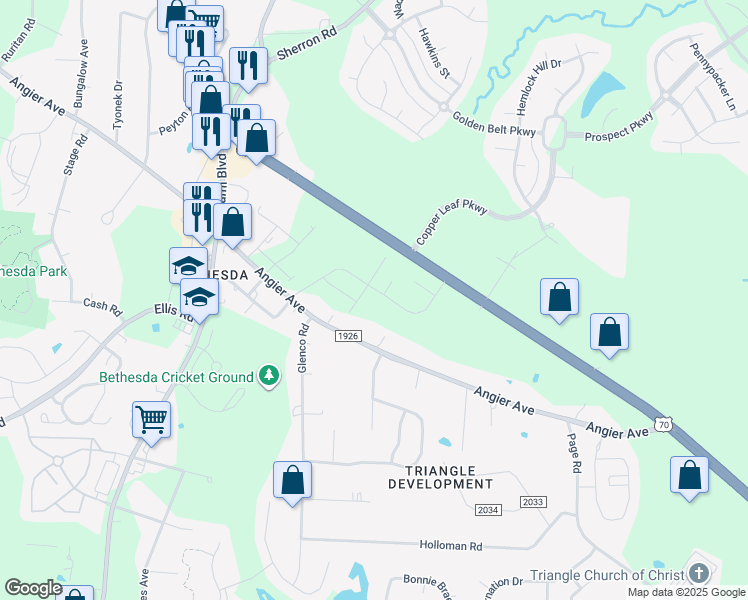 map of restaurants, bars, coffee shops, grocery stores, and more near 2102 Hinesley Road in Durham