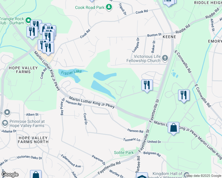 map of restaurants, bars, coffee shops, grocery stores, and more near 130 Stratford Lakes Drive in Durham
