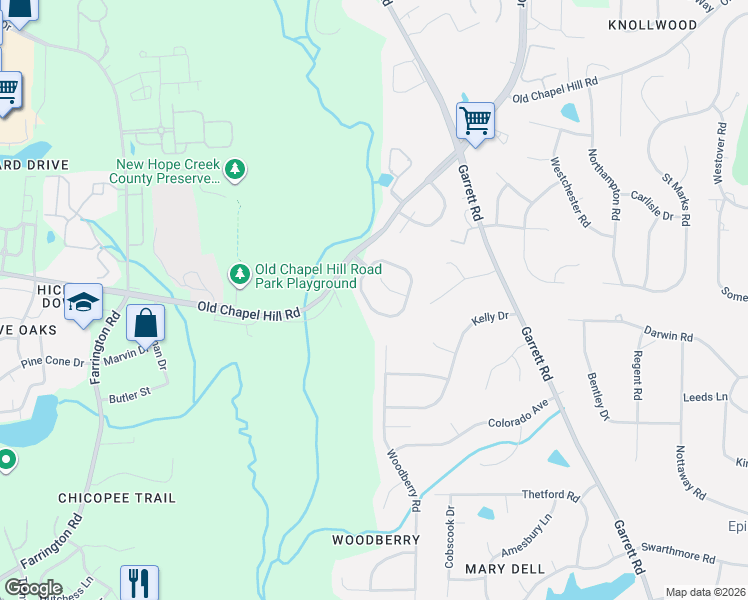 map of restaurants, bars, coffee shops, grocery stores, and more near 220 Strolling Way in Durham