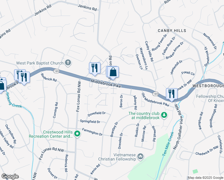 map of restaurants, bars, coffee shops, grocery stores, and more near 1210 Crest Brook Drive in Knoxville