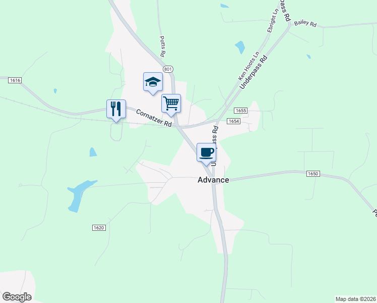 map of restaurants, bars, coffee shops, grocery stores, and more near 1938 North Carolina 801 in Advance