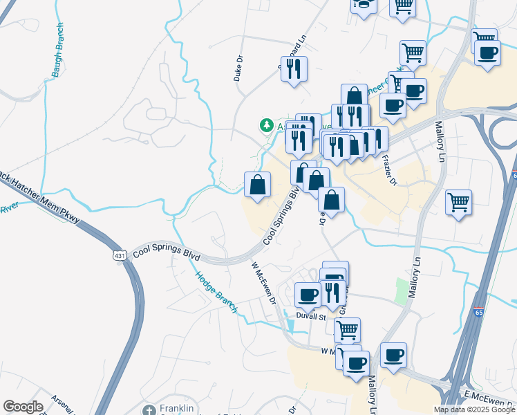 map of restaurants, bars, coffee shops, grocery stores, and more near 315 Cool Springs Boulevard in Franklin