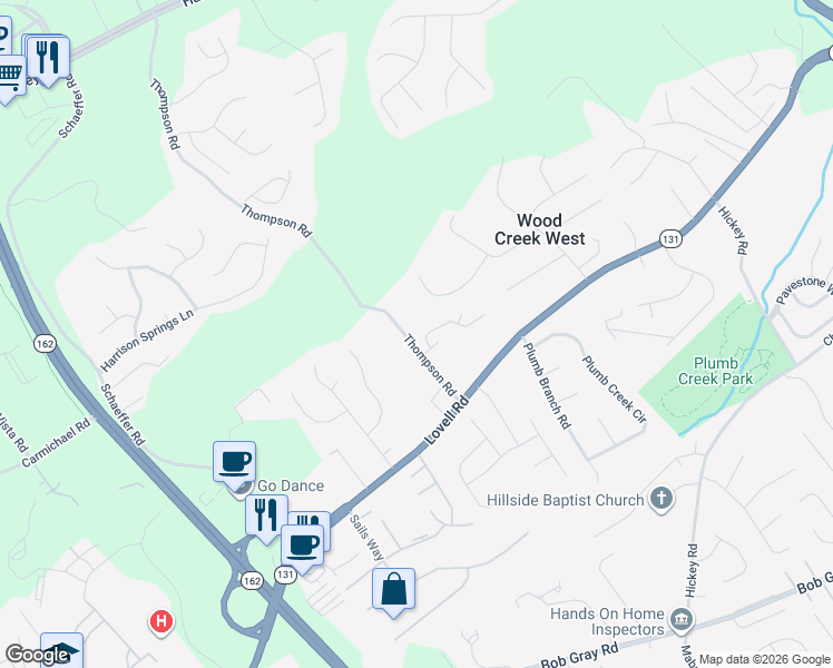 map of restaurants, bars, coffee shops, grocery stores, and more near 1905 Knoll Tree Drive in Knoxville