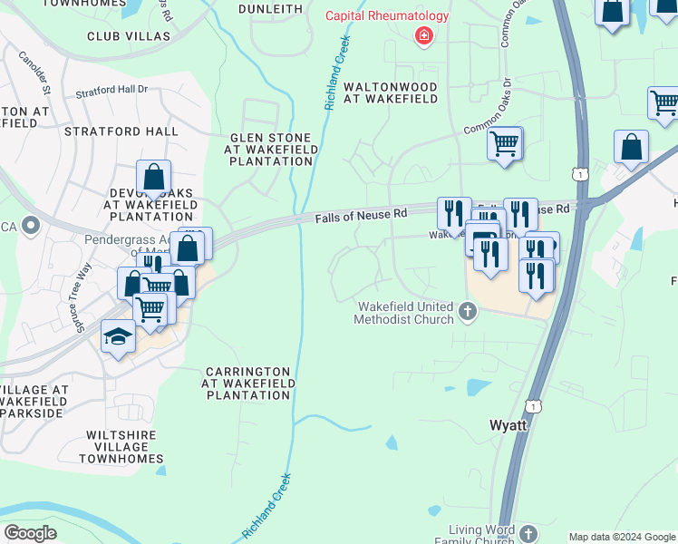 map of restaurants, bars, coffee shops, grocery stores, and more near 14133 Kennington Park Drive in Raleigh