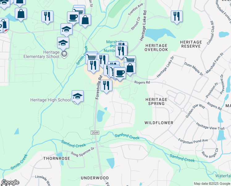 map of restaurants, bars, coffee shops, grocery stores, and more near 6513 Penfield Street in Wake Forest