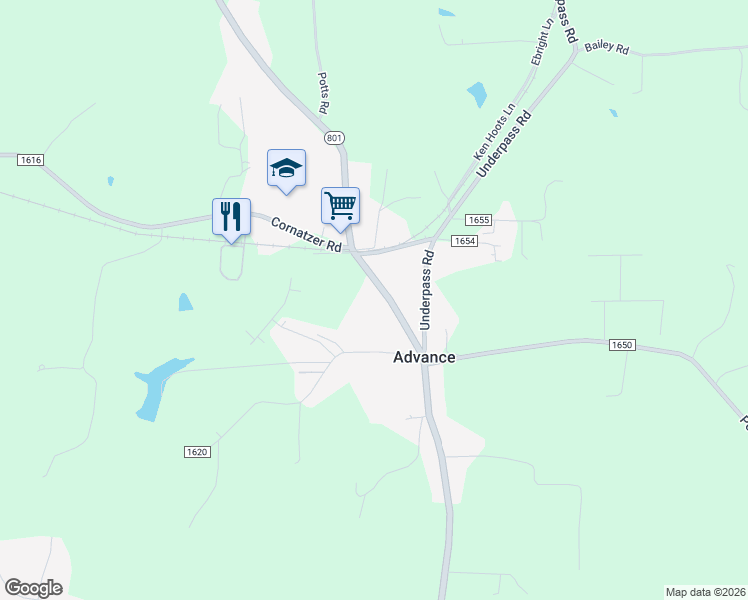 map of restaurants, bars, coffee shops, grocery stores, and more near 1938 North Carolina 801 in Advance