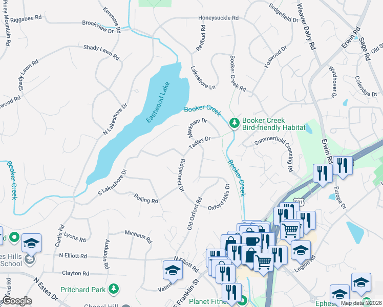 map of restaurants, bars, coffee shops, grocery stores, and more near 320 Ridgecrest Drive in Chapel Hill