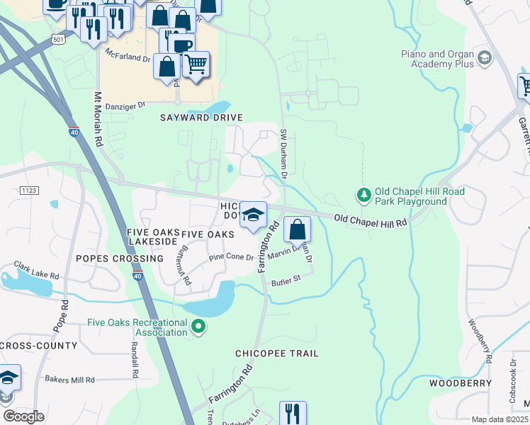 map of restaurants, bars, coffee shops, grocery stores, and more near 4917 Old Chapel Hill Road in Durham