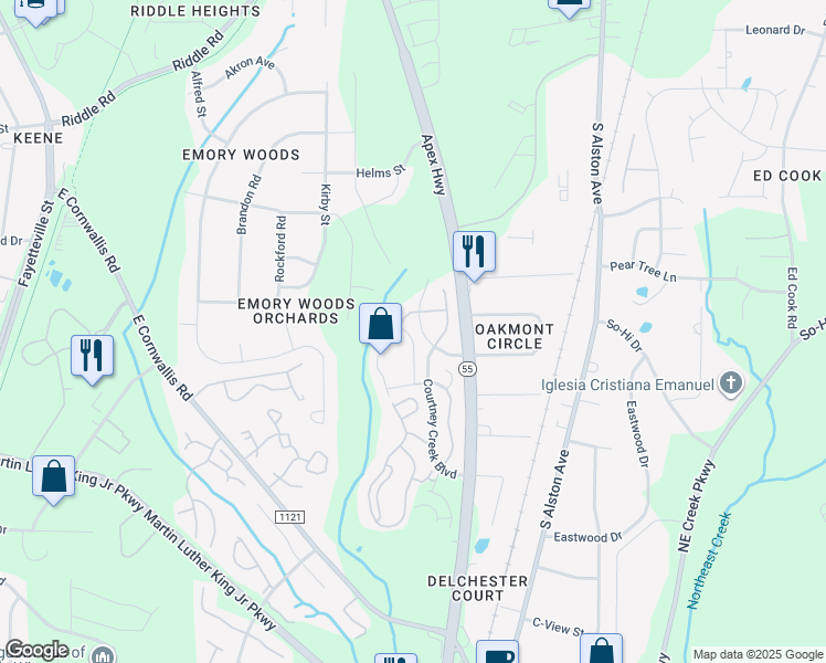 map of restaurants, bars, coffee shops, grocery stores, and more near 1625 Snow Mass Way in Durham