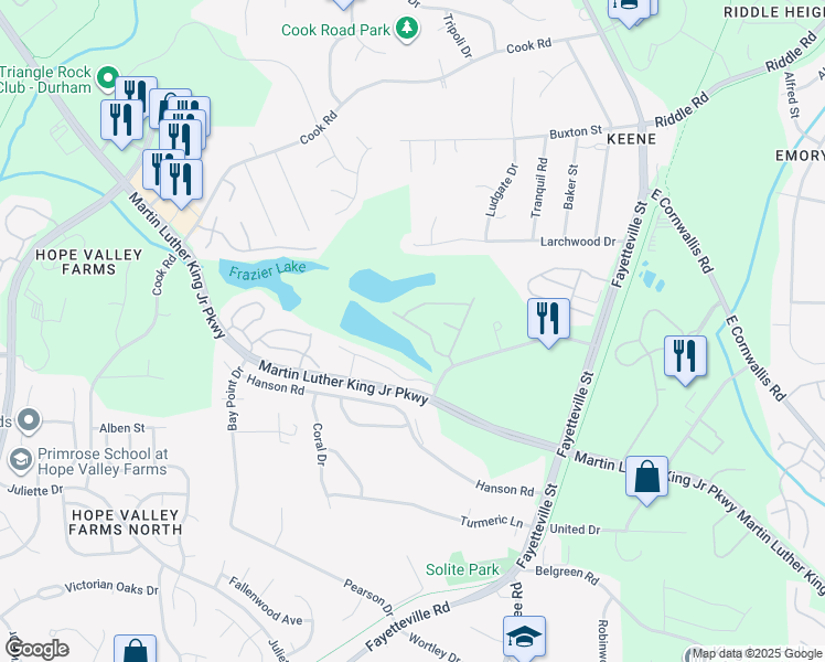 map of restaurants, bars, coffee shops, grocery stores, and more near 130 Stratford Lakes Drive in Durham
