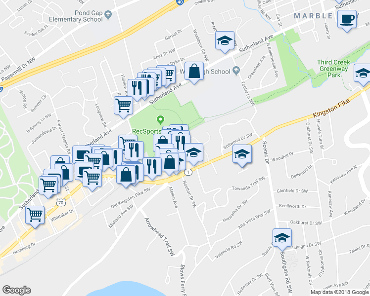 map of restaurants, bars, coffee shops, grocery stores, and more near 4326 Thistlewood Way in Knoxville