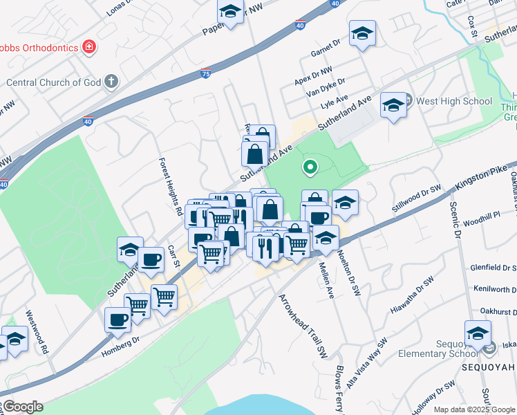 map of restaurants, bars, coffee shops, grocery stores, and more near 4621 Newcom Avenue in Knoxville