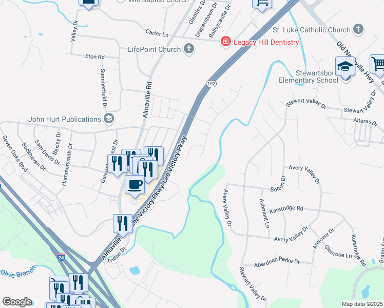 map of restaurants, bars, coffee shops, grocery stores, and more near 911 Grand Oak Drive in Smyrna