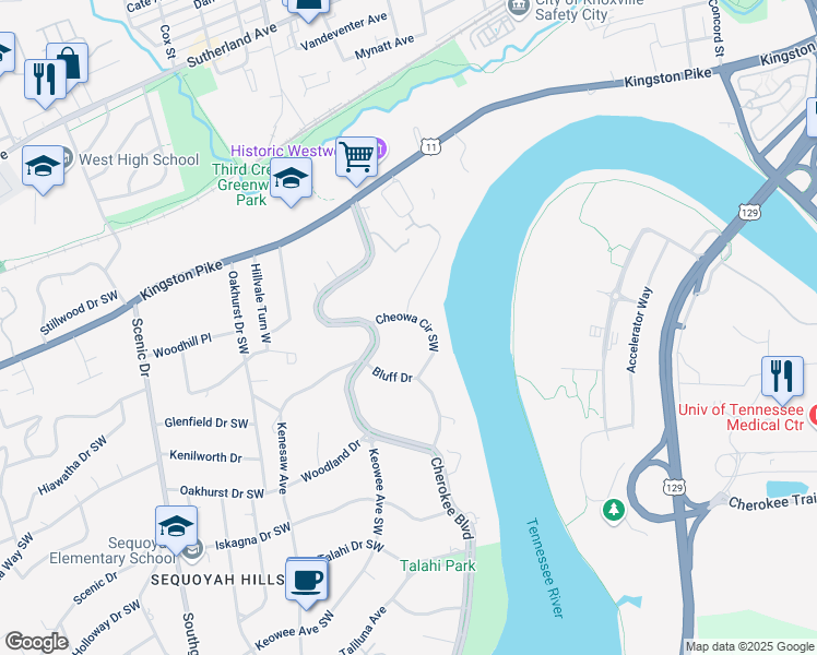 map of restaurants, bars, coffee shops, grocery stores, and more near 632 Cheowa Circle Southwest in Knoxville