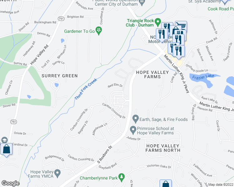 map of restaurants, bars, coffee shops, grocery stores, and more near 4117 Brenmar Lane in Durham