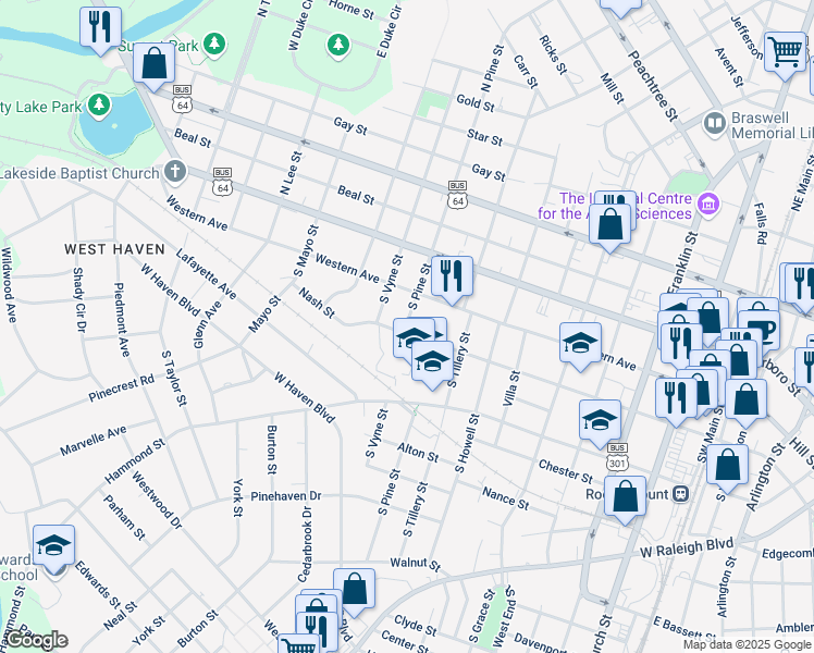 map of restaurants, bars, coffee shops, grocery stores, and more near 844 Nash Street in Rocky Mount