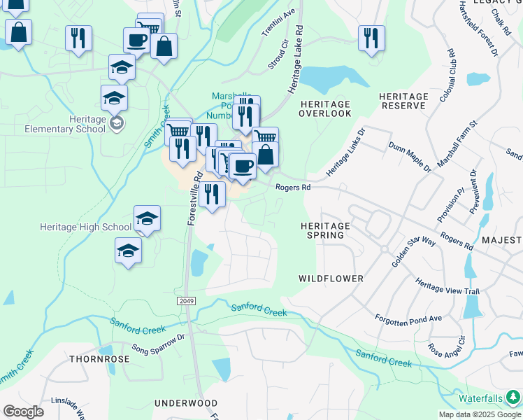 map of restaurants, bars, coffee shops, grocery stores, and more near 3716 Rogers Branch Road in Wake Forest
