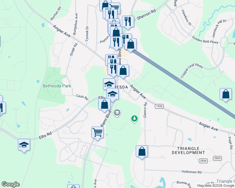 map of restaurants, bars, coffee shops, grocery stores, and more near 1915 South Miami Boulevard in Durham