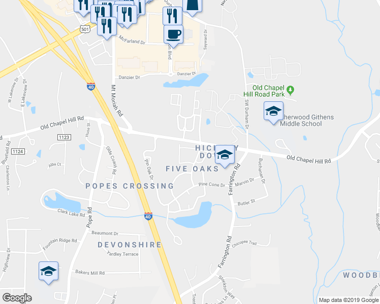 map of restaurants, bars, coffee shops, grocery stores, and more near 4100 Five Oaks Drive in Durham
