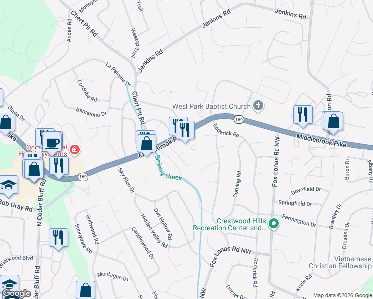 map of restaurants, bars, coffee shops, grocery stores, and more near 9030 Fountain Brook Lane in Knoxville