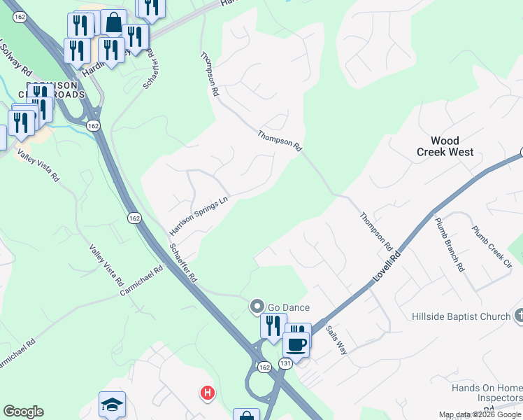 map of restaurants, bars, coffee shops, grocery stores, and more near 2013 Thompson Road in Knoxville