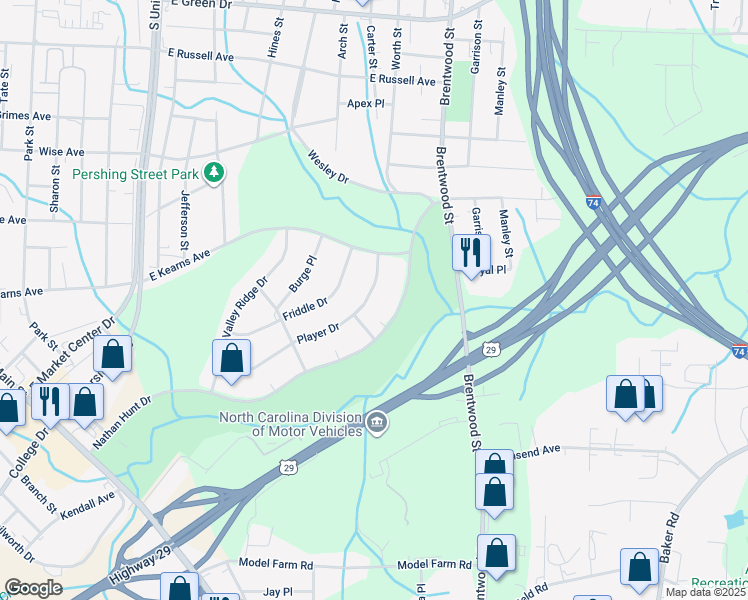 map of restaurants, bars, coffee shops, grocery stores, and more near 508 Player Drive in High Point