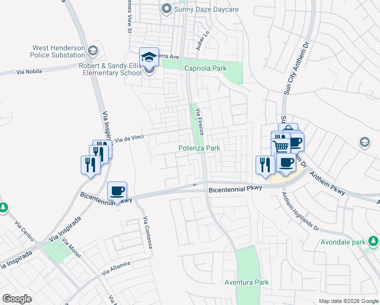 map of restaurants, bars, coffee shops, grocery stores, and more near 3116 Paladi Avenue in Henderson