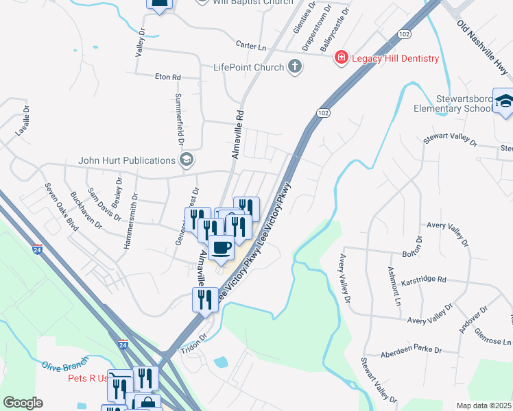 map of restaurants, bars, coffee shops, grocery stores, and more near 3067 Burnt Pine Drive in Smyrna